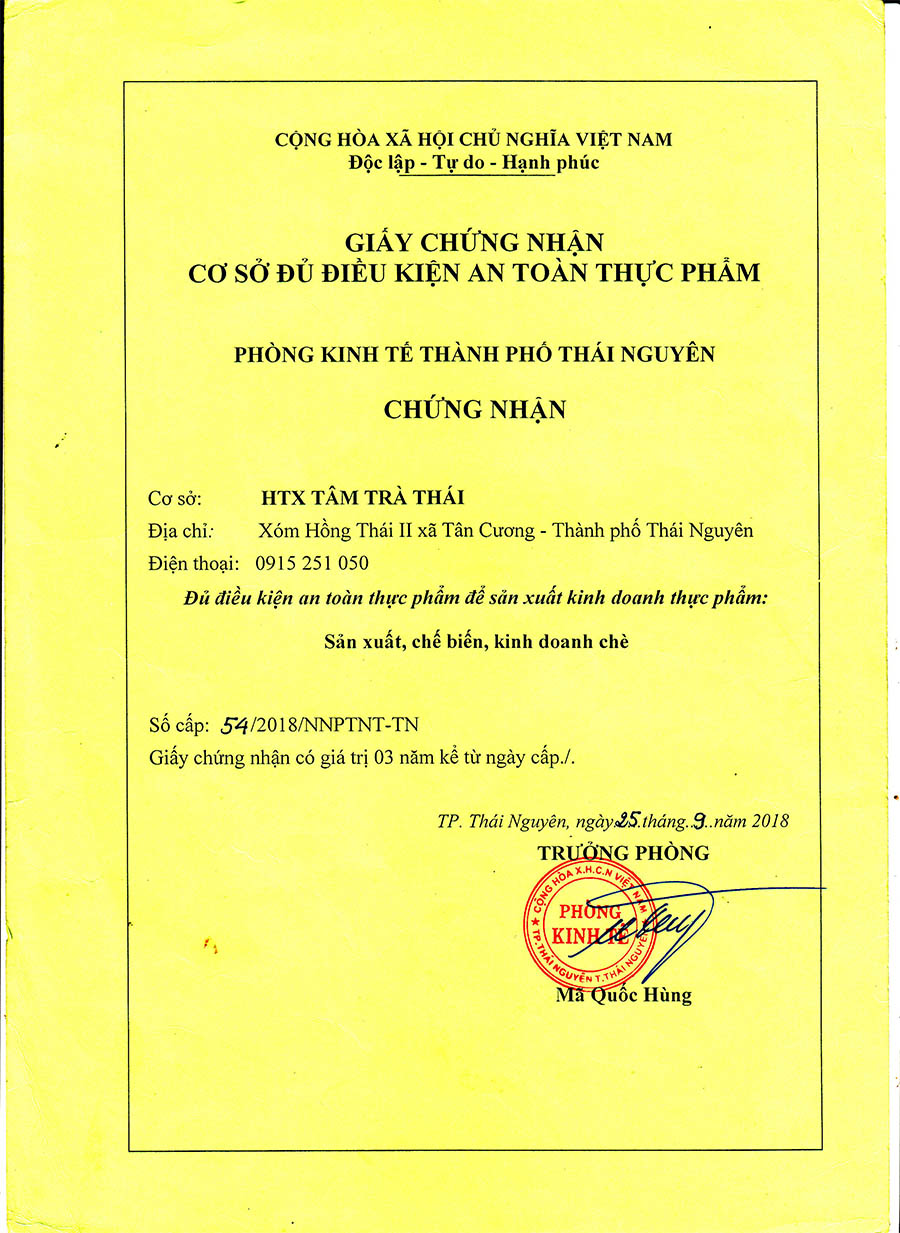 Chứng nhận vệ sinh an toàn thực phẩm Tâm Trà Thái